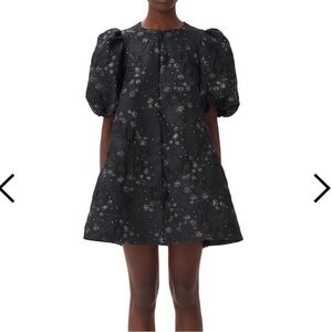 Ganni Black/Silver Floral A-line Mini Dress